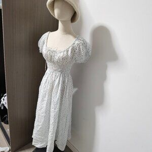 Women Doen Ramie Floral Puff Sleeve A-line Midi Dress